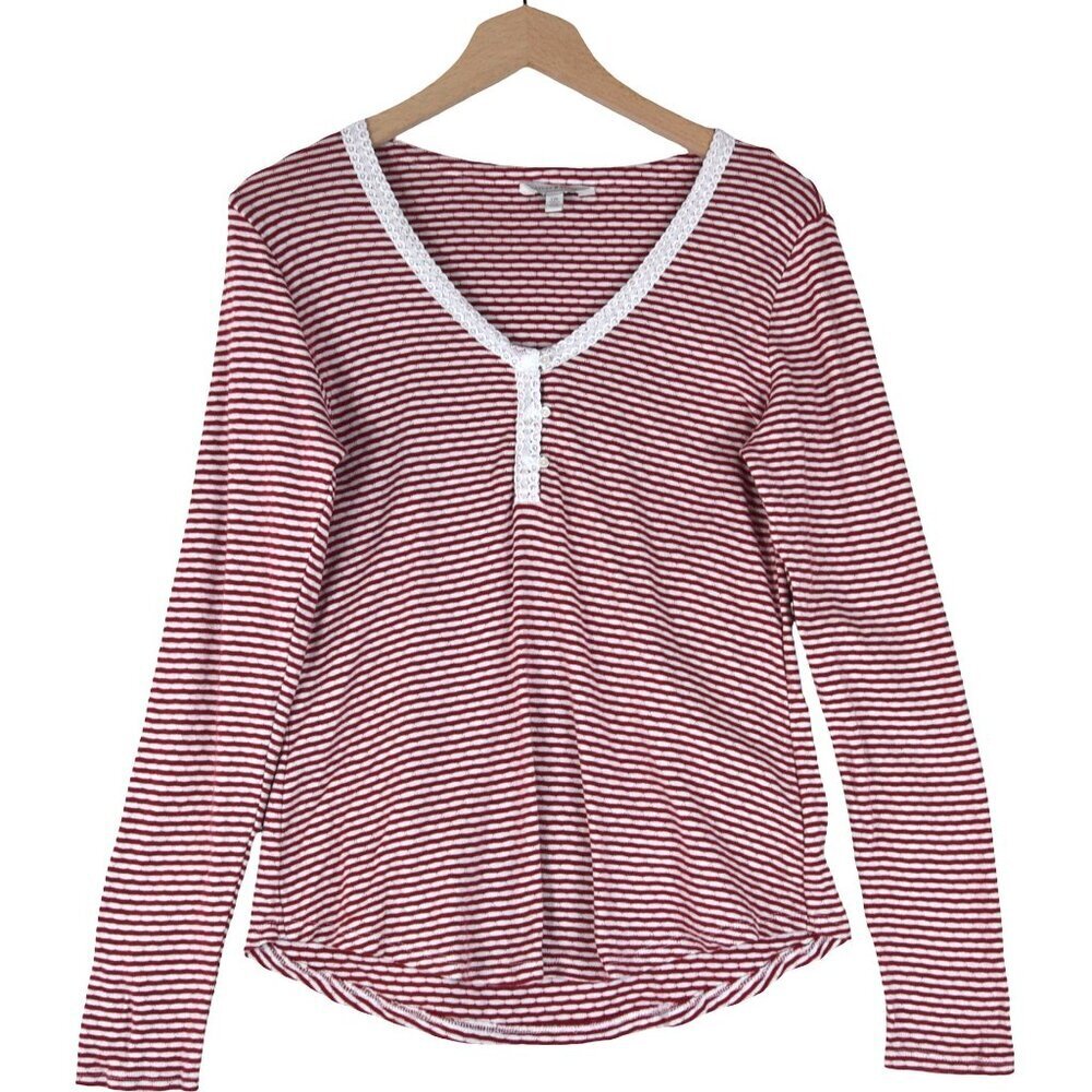 Lucky Brand Striped Lace Trim Henley Long Sleeve Top L